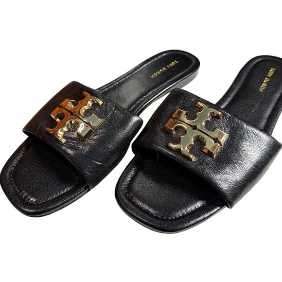 Tory Burch Eleanor Leather Slides Gold Hardware Black Size 6.5 - Picture 2 of 16